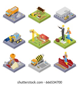 Isometric Construction Industry. Industrial Crane, Workers, Mixer and Buildings. Vector flat 3d illustration