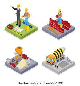 Isometric Construction Industry. Workers, Mixer and Buildings. Vector flat 3d illustration