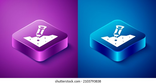 Isometric Construction jackhammer and stone icon isolated on blue and purple background. Square button. Vector