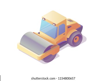 Isometric construction machinery set illustration of paver roller