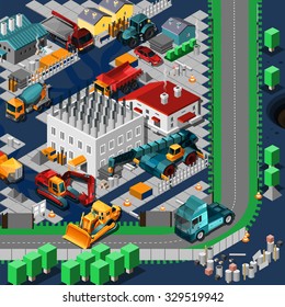 Isometric construction machines concept with low poly tracktors and bulldozers on the road vector illustration