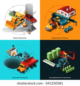 Isometric construction machines set with low poly road and house industrial trucks isolated vector illustration