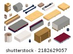 Isometric construction materials color icon set with wooden blocks floorboard drywall siding and other materials vector illustration