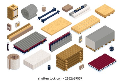 Isometric construction materials color icon set with wooden blocks floorboard drywall siding and other materials vector illustration