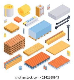 Isometric construction materials icon set with foil insulation dry wall plywood screw pills and other materials vector illustration