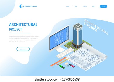 Isometric Construction Project Management, Architectural Project Planning, Development and Approval Web Banner or Landing Page. Scheme of House, Engineer industry. Construction Company Business.