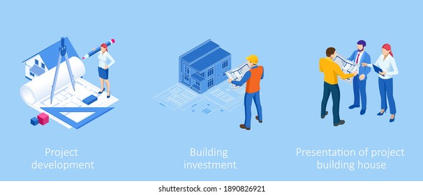 Isometric Construction Project Management  Architectural Project Planning  Development   Approval  Scheme House  Engineer industry  Construction Company Business 
