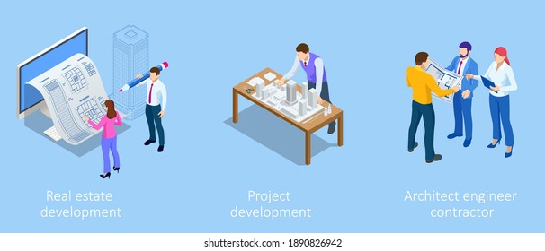 Isometric Construction Project Management, Architectural Project Planning, Development and Approval. Scheme of House, Engineer industry. Construction Company Business.