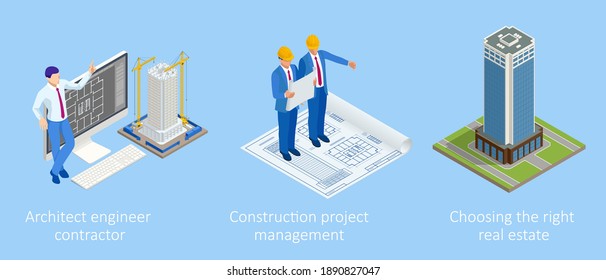 Isometric Construction Project Management, Architectural Project Planning, Development and Approval. Scheme of House, Engineer industry. Construction Company Business.