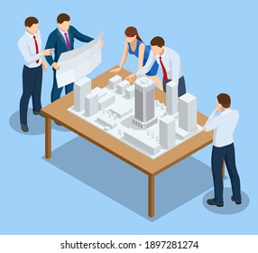 Isometric Construction Project Management, Architectural Project Planning, Architect design accessories on the workspace. Scheme of House, Engineer industry. Construction Company Business