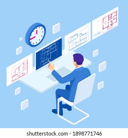 Isometric Construction Project Management, Architectural Project Planning, Development and Approval Web Banner. Scheme of House, Engineer industry. Construction Company Business.