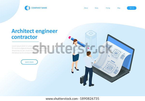 Isometric Construction Project Management,\
Architectural Project Planning, Development and Approval Web Banner\
or Landing Page. Scheme of House, Engineer industry. Construction\
Company Business.