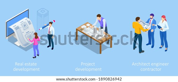 Isometric Construction\
Project Management, Architectural Project Planning, Development and\
Approval. Scheme of House, Engineer industry. Construction Company\
Business.