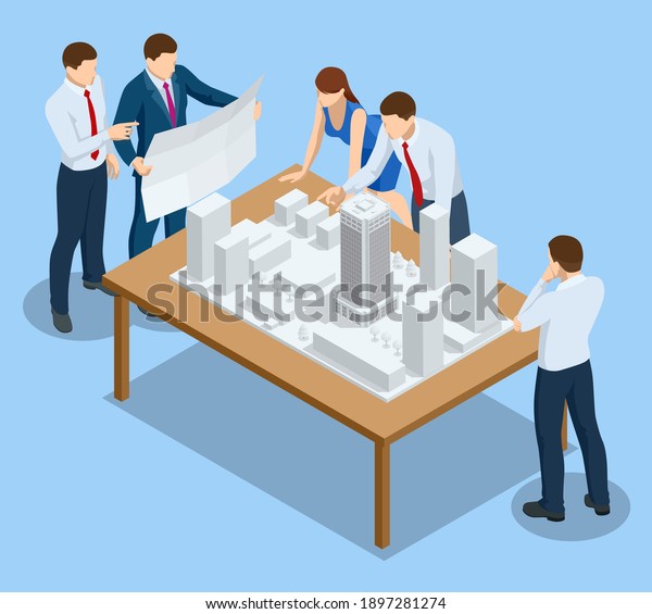 Isometric Construction Project Management,\
Architectural Project Planning, Architect design accessories on the\
workspace. Scheme of House, Engineer industry. Construction Company\
Business