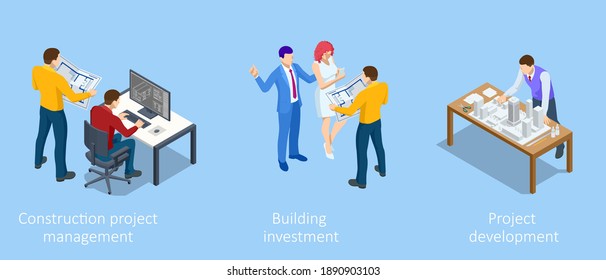 Isometric Construction Project Management. Professional Contractors And Engineers Characters. Building Investment