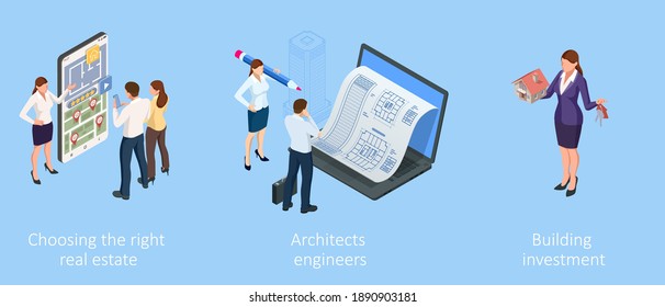 Isometric Construction Project Management. Professional Contractors and Engineers Characters. Building Investment