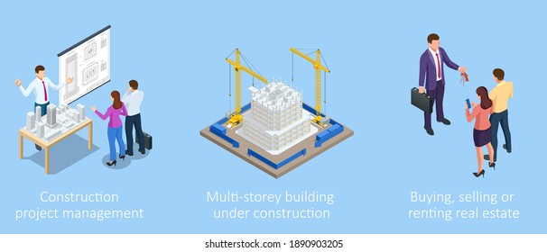 Isometric Construction Project Management. Professional Contractors and Engineers Characters. Building Investment