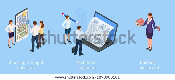 Isometric\
Construction Project Management. Professional Contractors and\
Engineers Characters. Building\
Investment