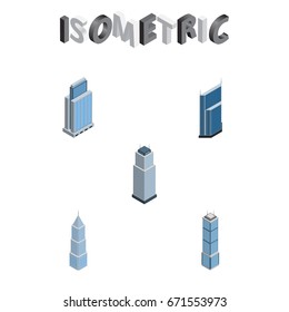 Isometric Construction Set Of Apartment, Residential, Tower And Other Vector Objects. Also Includes Tower, Skyscraper, Cityscape Elements.