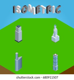 Isometric Construction Set Of Building, Apartment, Tower And Other Vector Objects. Also Includes Apartment, Skyscraper, Tower Elements.