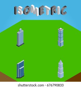 Isometric Construction Set Of Business Center, Exterior, Apartment And Other Vector Objects. Also Includes Center, Cityscape, Residential Elements.