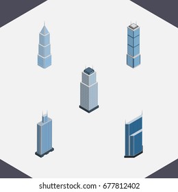 Isometric Construction Set Of Business Center, Tower, Apartment And Other Vector Objects. Also Includes Business, Residential, Tower Elements.