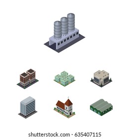 Isometric Construction Set Of Chapel, Warehouse, House And Other Vector Objects. Also Includes Tank, Chapel, Building Elements.