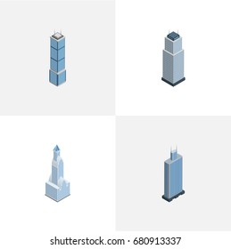 Isometric Construction Set Of Cityscape, Apartment, Business Center And Other Vector Objects. Also Includes Business, Center, Cityscape Elements.