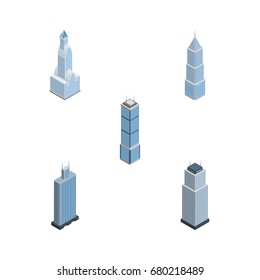 Isometric Construction Set Of Cityscape, Exterior, Business Center And Other Vector Objects. Also Includes Exterior, Center, Cityscape Elements.