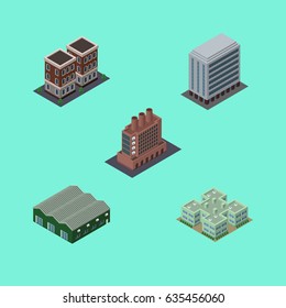 Isometric Construction Set Of House, Office, Industry And Other Vector Objects. Also Includes Storage, Industry, Office Elements.