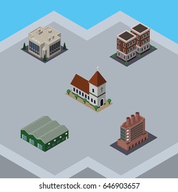 Isometric Construction Set Of Industry, House, Warehouse And Other Vector Objects. Also Includes Firm, Storage, Company Elements.