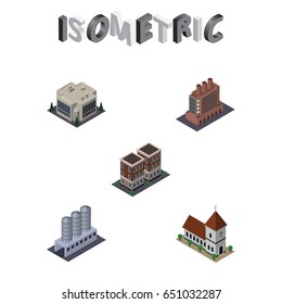 Isometric Construction Set Of Industry, Water Storage, House And Other Vector Objects. Also Includes Tank, Building, Office Elements.