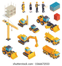 Isometric Construction Set With Isolated Images Of Orange Vehicles Building Machinery Materials Human Characters Of Builders Vector Illustration