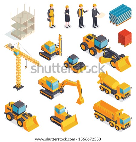 Isometric construction set with isolated images of orange vehicles building machinery materials human characters of builders vector illustration