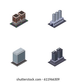 Isometric Construction Set Of Office, Tower, Water Storage And Other Vector Objects. Also Includes Tank, Warehouse, Tower Elements.