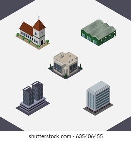 Isometric Construction Set Of Office, Warehouse, Company And Other Vector Objects. Also Includes Chapel, Depot, Office Elements.