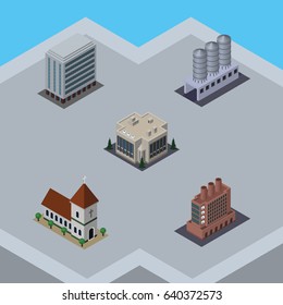 Isometric Construction Set Of Office, Water Storage, Industry And Other Vector Objects. Also Includes Storage, House, Catholic Elements.