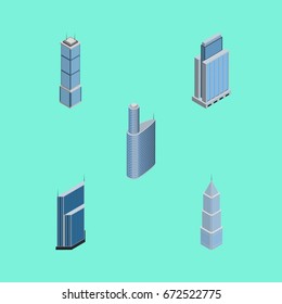 Isometric Construction Set Of Residential, Building, Urban And Other Vector Objects. Also Includes Exterior, Tower, Skyscraper Elements.