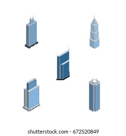 Isometric Construction Set Of Residential, Skyscraper, Urban And Other Vector Objects. Also Includes Building, Center, Skyscraper Elements.