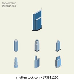 Isometric Construction Set Of Residential, Skyscraper, Urban And Other Vector Objects. Also Includes Cityscape, Skyscraper, Building Elements.
