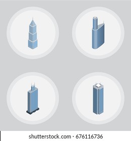 Isometric Construction Set Of Skyscraper, Business Center, Exterior And Other Vector Objects. Also Includes Exterior, Skyscraper, Building Elements.