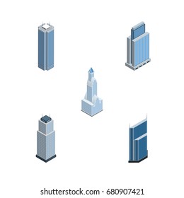Isometric Construction Set Of Skyscraper, Residential, And Center Elements.