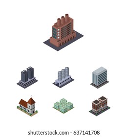 Isometric Construction Set Of Tower, House, Chapel And Other Vector Objects. Also Includes Catholic, Chapel, Church Elements.