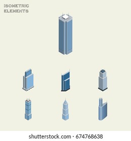 Isometric Construction Set Of Tower, Residential, Apartment And Other Vector Objects. Also Includes Exterior, Center, Tower Elements.