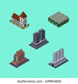 Isometric Construction Set Of Tower, Water Storage, Warehouse And Other Vector Objects. Also Includes Tank, Depot, Factory Elements.