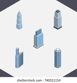 Isometric Construction Set Of Urban, Building, Exterior And Other Vector Objects. Also Includes Building, Skyscraper, Apartment Elements.