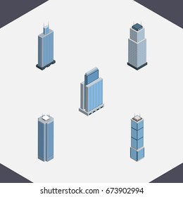 Isometric Construction Set Of Urban, Business Center, Tower And Other Vector Objects. Also Includes Tower, Skyscraper, Apartment Elements.