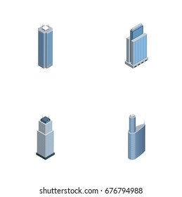 Isometric Construction Set Of Urban, Tower, Skyscraper And Other Vector Objects. Also Includes Building, Exterior, Cityscape Elements.