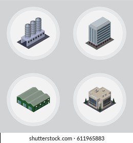Isometric Construction Set Of Warehouse, Company, Water Storage And Other Vector Objects. Also Includes Company, Tank, Warehouse Elements.
