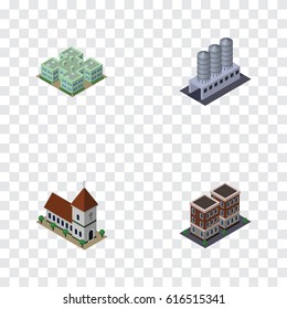 Isometric Construction Set Of Water Storage, Clinic, Chapel And Other Vector Objects. Also Includes Storage, Church, Hospital Elements.